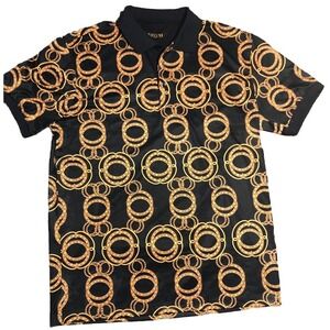 Pavini Polo Shirt Mens Size L-XL Black Gold Rings Circles Graphic Print
